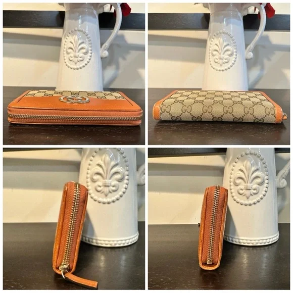 Gucci GG Canvas Zip Around Wallet Brown & Orange Leather Authentic - Picture 5 of 12